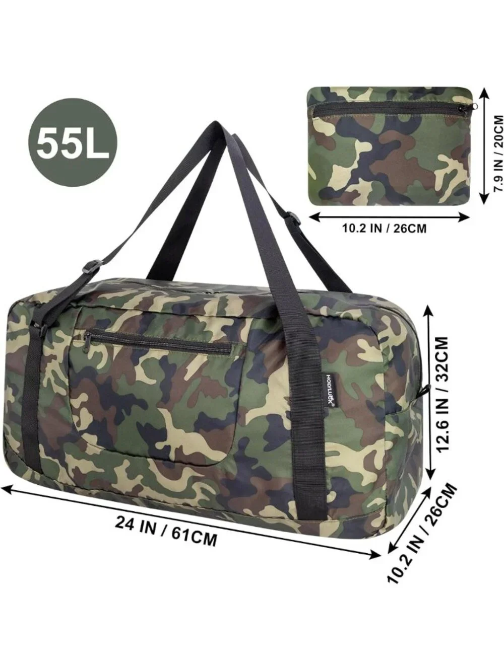 Foldable Travel Duffel Bag - 55L Lightweight Gym Luggage, Green Camo Design